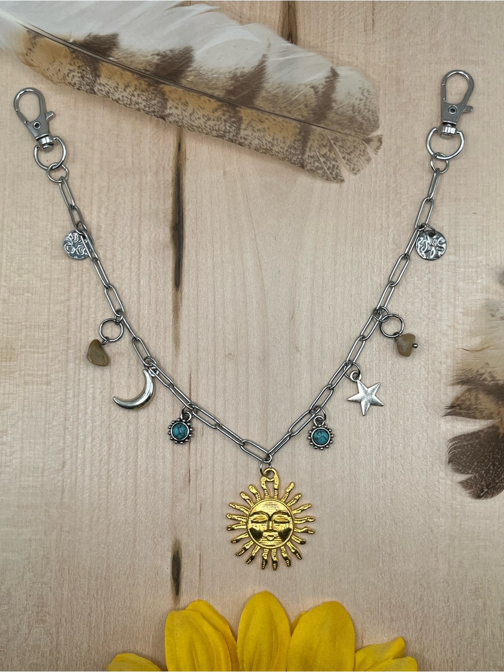 Handmade Boho Free People Inspired Bag Charm Chain Sun Moon Star Turquoise